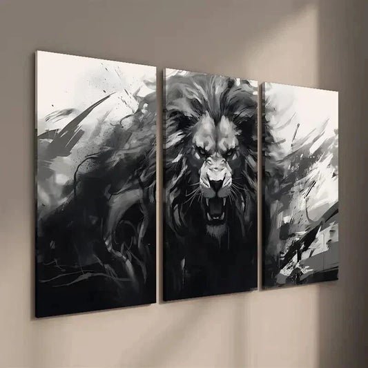 3pcs Black and White Monochrome Animal Lion Wall Art Set Canvas Framed 40x60cm - High Quality Print 100% Australian Made Wall Canvas Ready to Hang