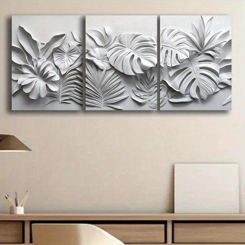 3pcs Abstract Gray Flowers and Leaves Metal Print Ready to Hang Art