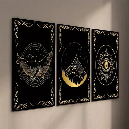 3pcs Black & Golden Whale Eye & Mountain Wall Art Set Canvas Framed 40x60cm - High Quality Print 100% Australian Made Wall Canvas Ready to Hang