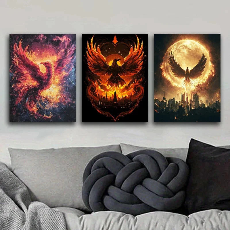 3pcs Fire Phoenix Theme Luxurious Cloth Metal Print Ready to Hang Art