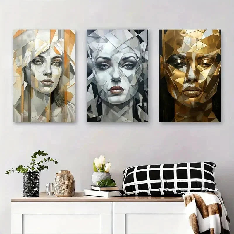 3pcs Abstract Faces with Golden and Silvery Tones Metal Print Ready to Hang Art