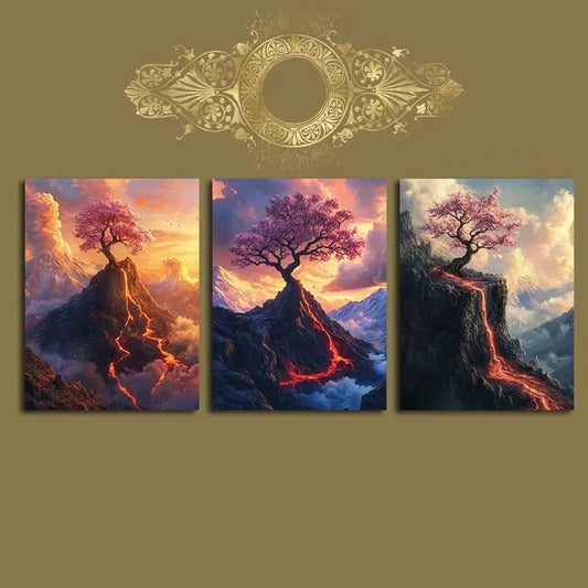 3pcs Magma Tree White Clouds Fantasy Metal Print Ready to Hang Art