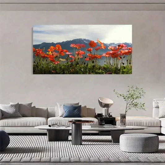 Mountain Lakes & Blooming Red Wall Art Canvas Office Home Room Framed 120x60cm