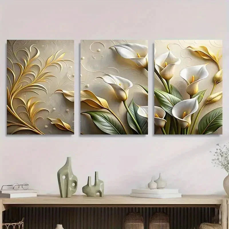 3pcs Lily Floral Design Elegant Golden Metal Print Ready to Hang Art