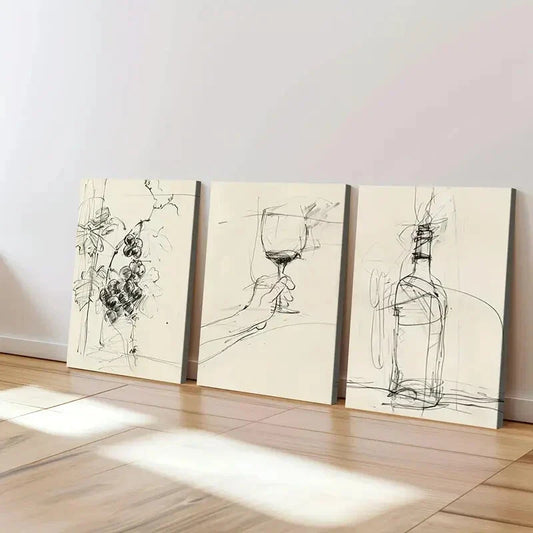 3pcs Vineyard Style Bottle Vintage Abstract Wall Art Set Canvas Framed 40x60cm - High Quality Print 100% Australian Made Wall Canvas Ready to Hang