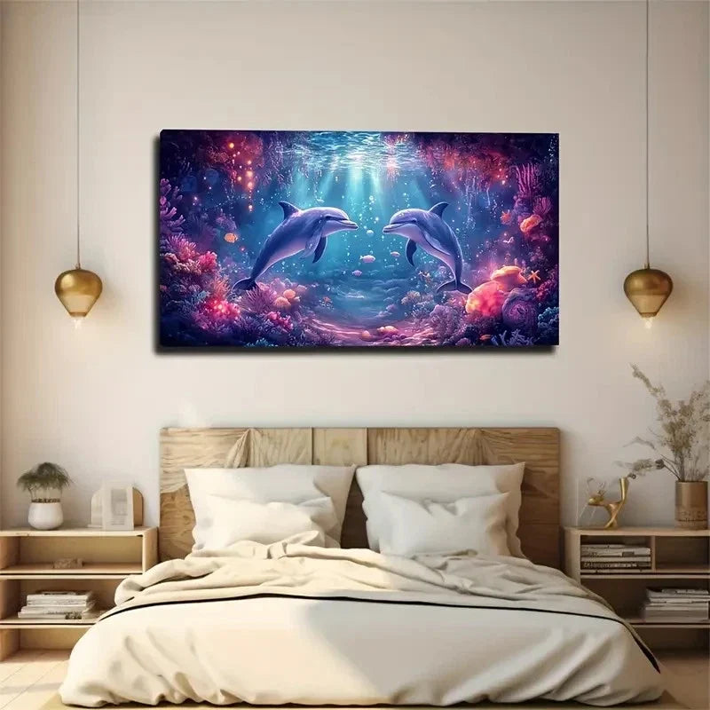 Impressionist Dolphin Vibrant Wall Art Canvas Office Home Room Framed 120x60cm