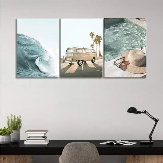 3pcs Sunset Scenery Nature Bus Metal Print Ready to Hang Art