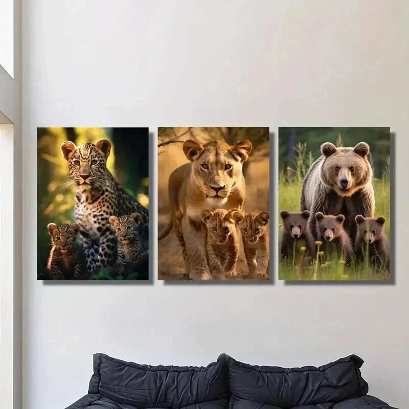 3pcs Leopard Lioness & Cubs Grizzly Bear Family Wall Art Set Canvas Framed 40x60cm - High Quality Print 100% Australian Made Wall Canvas Ready to Hang