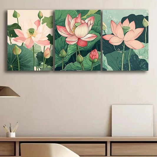 3pcs Pink Lotus Flowers Elegant Floral Metal Print Ready to Hang Art