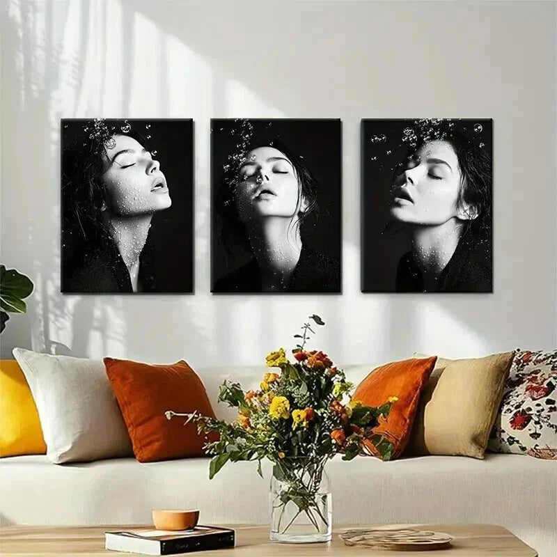 3pcs Elegant Woman with Water Bubbles Perfect Wall Art Set Canvas Framed 40x60cm - High Quality Print 100% Australian Made Wall Canvas Ready to Hang