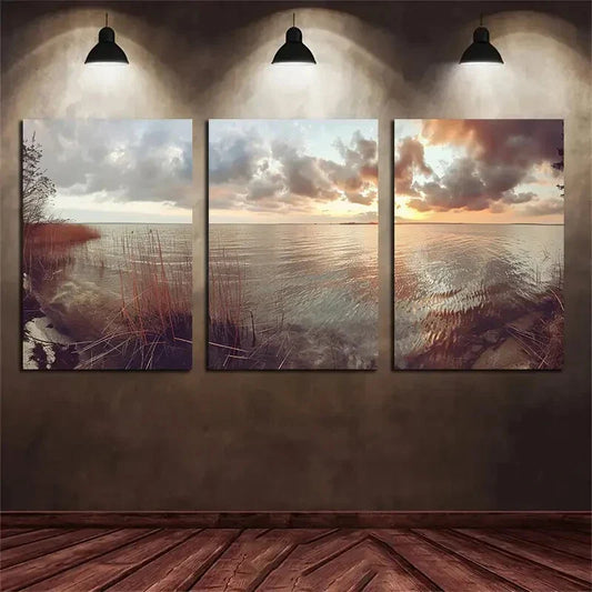 3pcs Lake Sunset White Clouds Metal Print Ready to Hang Art