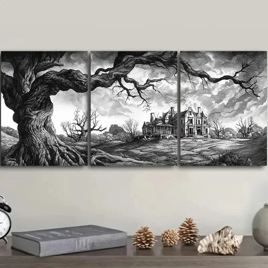 3pcs House Surrounded by Dead Trees Metal Print Ready to Hang Art