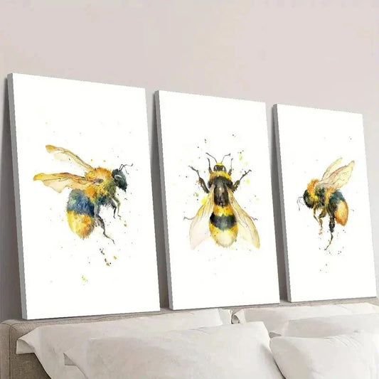 3pcs Vibrant Bee Watercolor Decor Wall Art Set Canvas Framed 40x60cm - High Quality Print 100% Australian Made Wall Canvas Ready to Hang