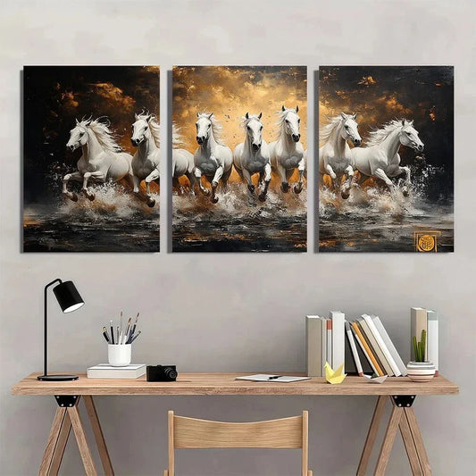 3pcs Galloping White Horses Vibrant Golden & Black Metal Print Ready to Hang Art