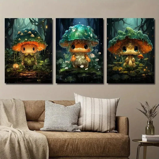 3pcs Glowing Mushroom Forest Whimsical Nature Metal Print Ready to Hang Art