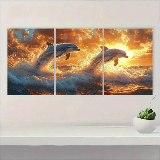 3pcs Ocean Scene with Leaping Dolphins Metal Print Ready to Hang Art