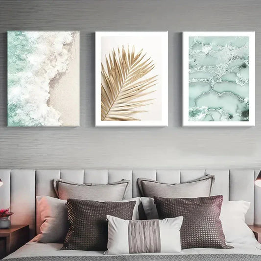 3pcs Golden Palm, Abstract Green Marble & Sand Metal Print Ready to Hang Art