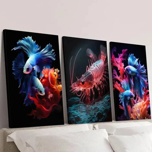 3pcs Colorful Red Shrimp and Betta Fish Wall Art Set Canvas Framed 40x60cm - High Quality Print 100% Australian Made Wall Canvas Ready to Hang