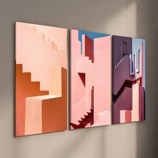 3pcs Pink Stairs Pink Road Art Illustration Wall Art Set Canvas Framed 40x60cm - High Quality Print 100% Australian Made Wall Canvas Ready to Hang