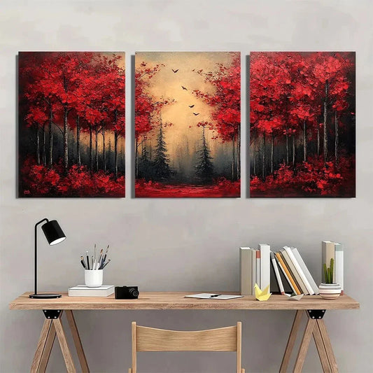 3pcs Stunning Red Forest Nature Scenery Metal Print Ready to Hang Art
