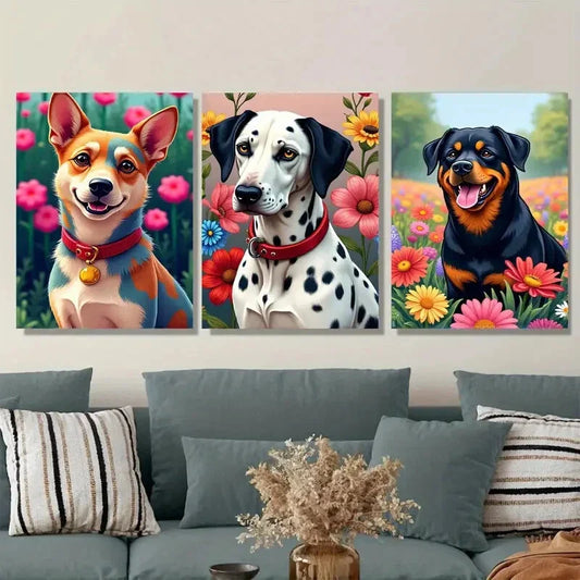 3pcs Vibrant Dog Colorful Pet Paintings Floral Wall Art Set Canvas Framed 40x60cm - High Quality Print 100% Australian Made Wall Canvas Ready to Hang