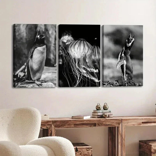 3pcs Vintage Black Animal Penguin Jellyfish Dark Wall Art Set Canvas Framed 40x60cm - High Quality Print 100% Australian Made Wall Canvas Ready to Hang