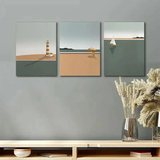 3pcs Lighthouse, Sailboat, And Ocean Minimalist Metal Print Ready to Hang Art
