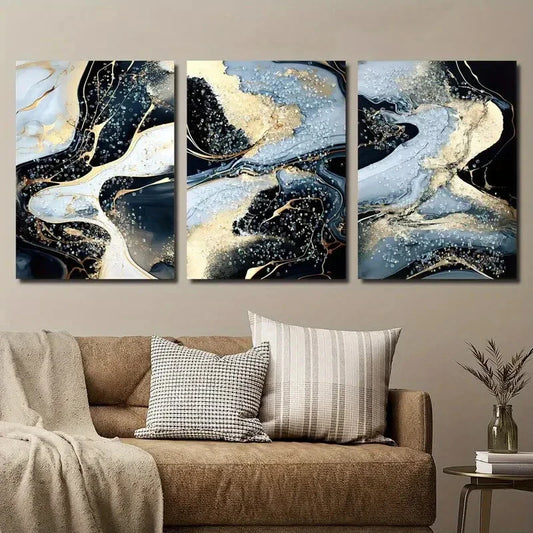 3pcs Golden Fluid Design Black & Golden Metal Print Ready to Hang Art
