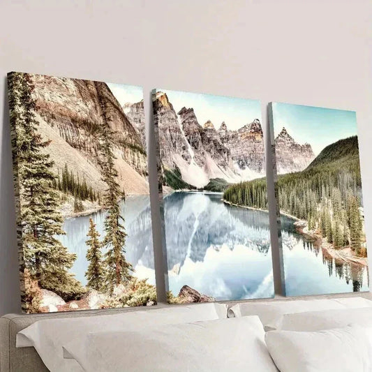3pcs Serene Lake Mountain & Evergreen Trees Wall Art Set Canvas Framed 40x60cm - High Quality Print 100% Australian Made Wall Canvas Ready to Hang