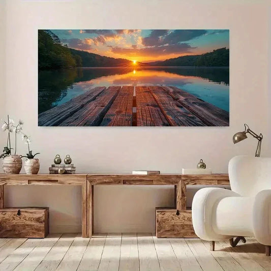Sunset Lake & Wooden Pier Wall Art Canvas Office Home Room Framed 120x60cm