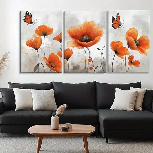 3pcs Vibrant Orange Poppy and Butterfly Wall Art Set Canvas Framed 40x60cm - High Quality Print 100% Australian Made Wall Canvas Ready to Hang