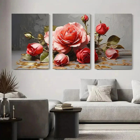 3pcs Red Rose Golden Drip Luxury Metal Print Ready to Hang Art