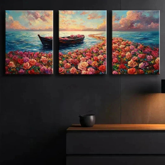 3pcs River of Roses Nature Beauty Lake Perfect Wall Art Set Canvas Framed 40x60cm - High Quality Print 100% Australian Made Wall Canvas Ready to Hang