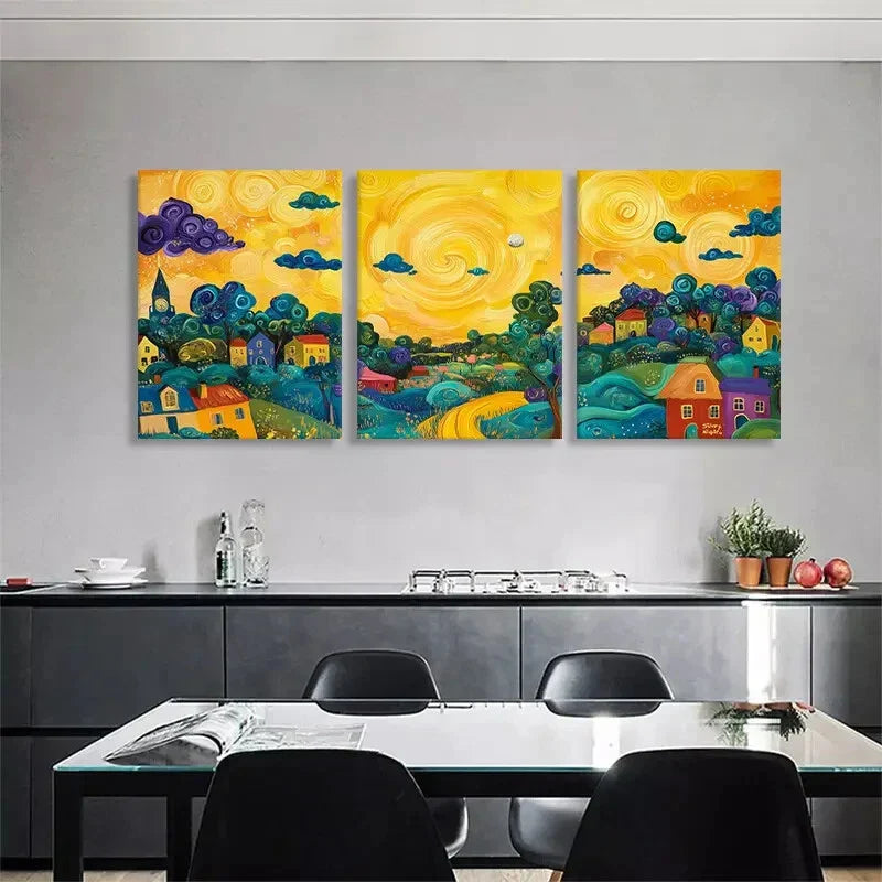 3pcs Swirling Clouds & Bright Sun Vibrant Lands Wall Art Set Canvas Framed 40x60cm - High Quality Print 100% Australian Made Wall Canvas Ready to Hang