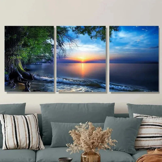 3pcs Vibrant Beach Scene with Palm Tree Metal Print Ready to Hang Art