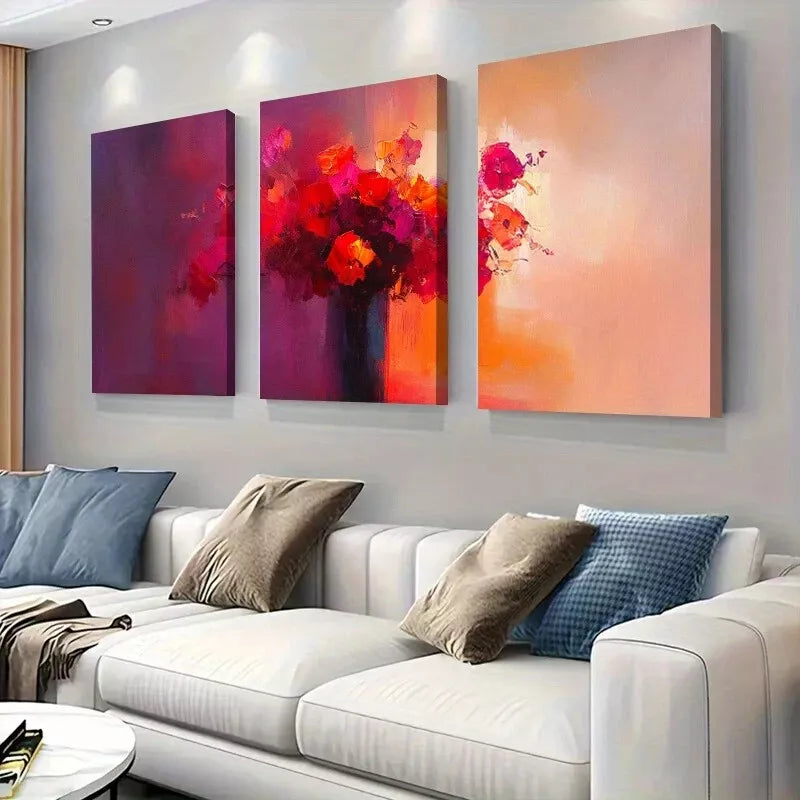 3pcs Abstract Vibrant Red and Orange Blossoms Wall Art Set Canvas Framed 40x60cm - High Quality Print 100% Australian Made Wall Canvas Ready to Hang