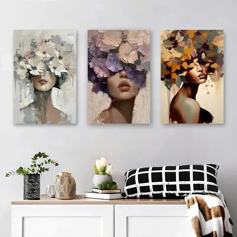 3pcs Abstract Floral Woman Portraits Blush Metal Print Ready to Hang Art