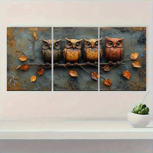 3pcs Vintage Owls Are On Branches Golden Leaves Metal Print Ready to Hang Art