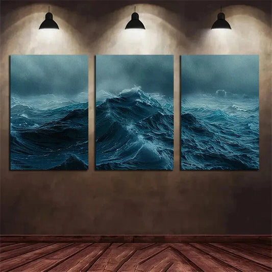 3pcs Ocean Wave Seascape Modern Blue Metal Print Ready to Hang Art