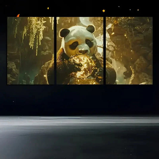 3pcs Cute Panda Holding Stunning Golden Ball Metal Print Ready to Hang Art