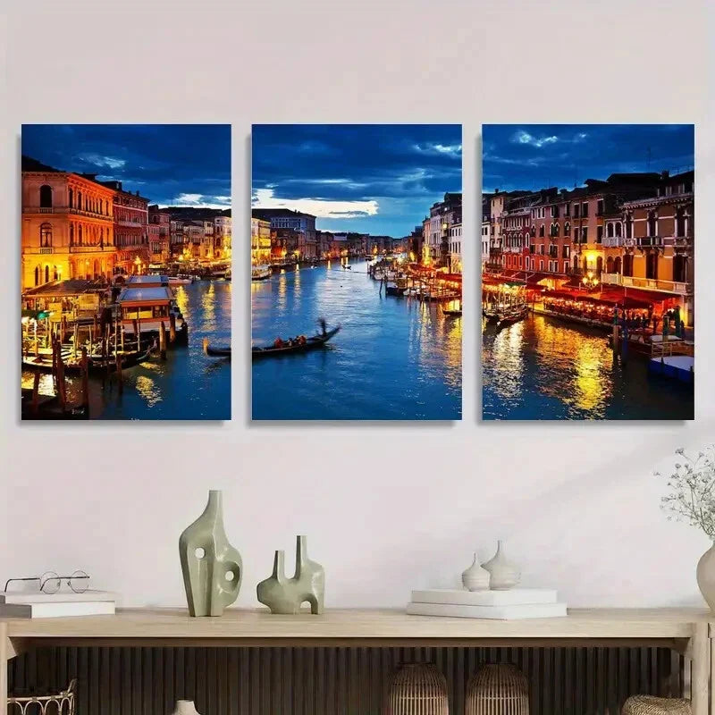 3pcs Venice Grand Canal at Night Metal Print Ready to Hang Art