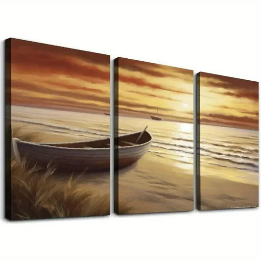 3pcs Ocean Seascape with Boat at Sunset Wall Art Set Canvas Framed 40x60cm - High Quality Print 100% Australian Made Wall Canvas Ready to Hang