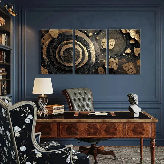 3pcs Elegant Abstract Golden & Black Spiral Metal Print Ready to Hang Art
