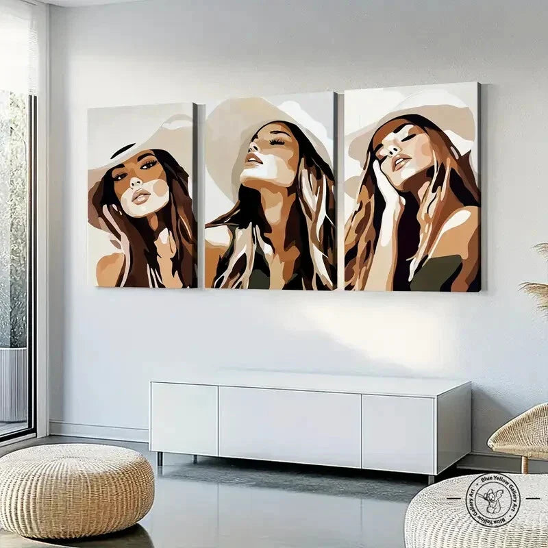 3pcs Cowgirl Classic Modern Style Figures Gray White Wall Art Set Canvas Framed 40x60cm - High Quality Print 100% Australian Made Wall Canvas Ready to Hang