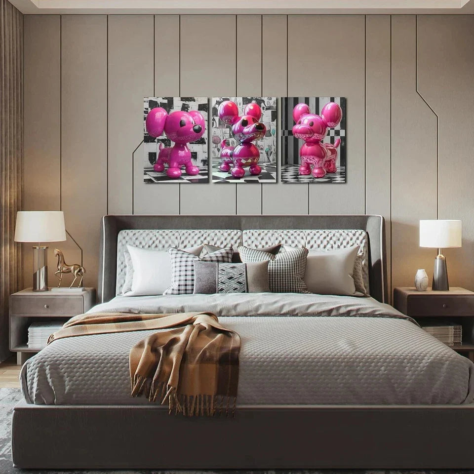 3pcs Pink Dog Modern Painting Black Eyes Metal Print Ready to Hang Art