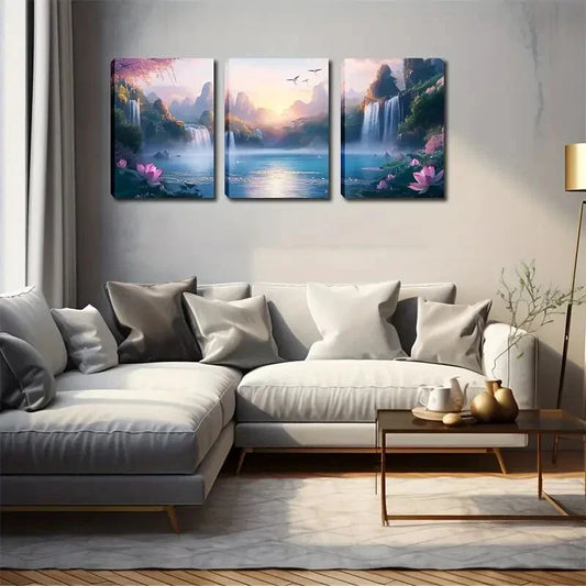 3pcs Serene Waterfall & Mountain Landscape Wall Art Set Canvas Framed 40x60cm - High Quality Print 100% Australian Made Wall Canvas Ready to Hang