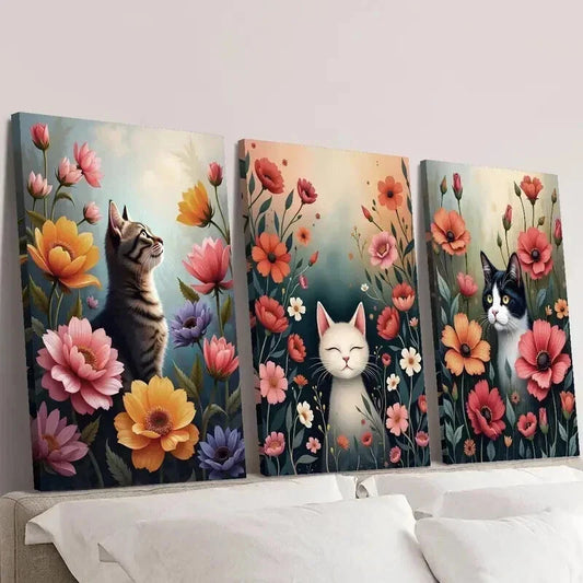 3pcs Cats in the Colorful Garden Design Wall Art Set Canvas Framed 40x60cm - High Quality Print 100% Australian Made Wall Canvas Ready to Hang