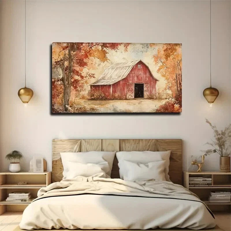 Red Barn Door Gray Roof Décor Wall Art Canvas Office Home Room Framed 120x60cm