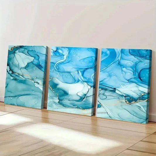 3pcs Abstract Teal Blue with Golden Veins Wall Art Set Canvas Framed 40x60cm - High Quality Print 100% Australian Made Wall Canvas Ready to Hang