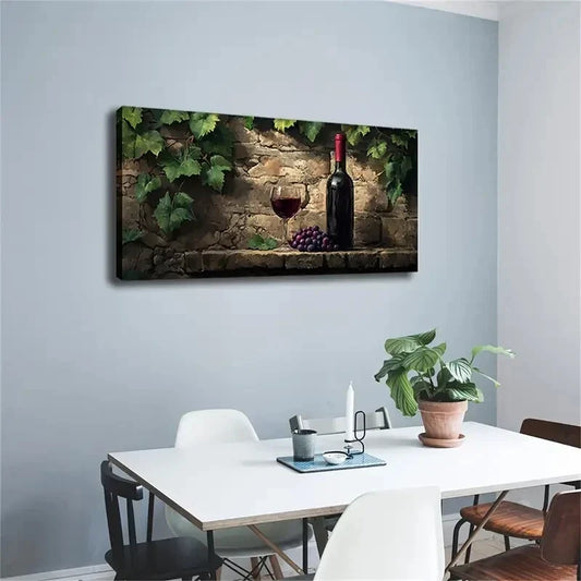 Stone Wall & Wine Bottle Grape Wall Art Canvas Office Home Room Framed 120x60cm